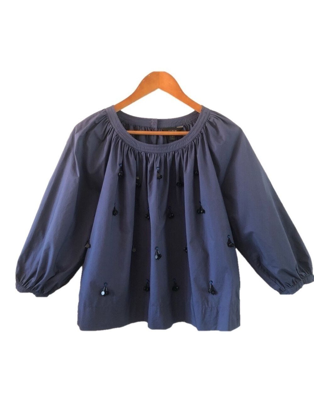 J. Crew Perfect Embellished Top blue 3/4 sleeve beaded puffed sleeves size S - Picture 5 of 16